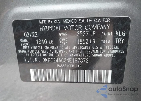 2022 Hyundai Accent Se из США, поврежденный, VIN 3KPC24A63NE167873